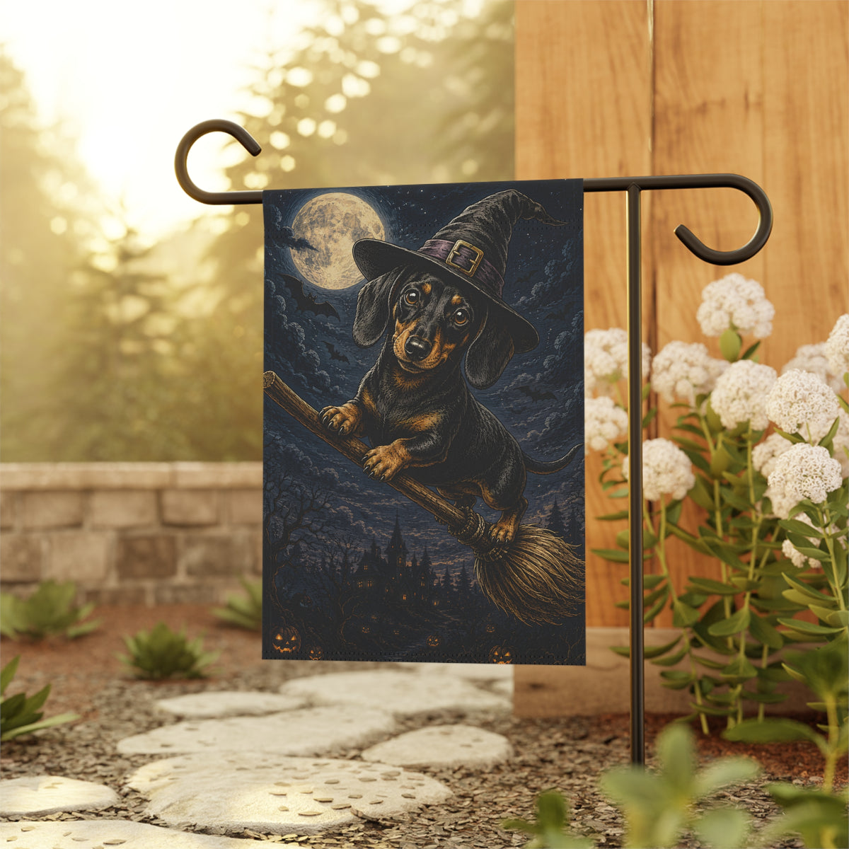 Weiner On A Broomstick Garden Flag