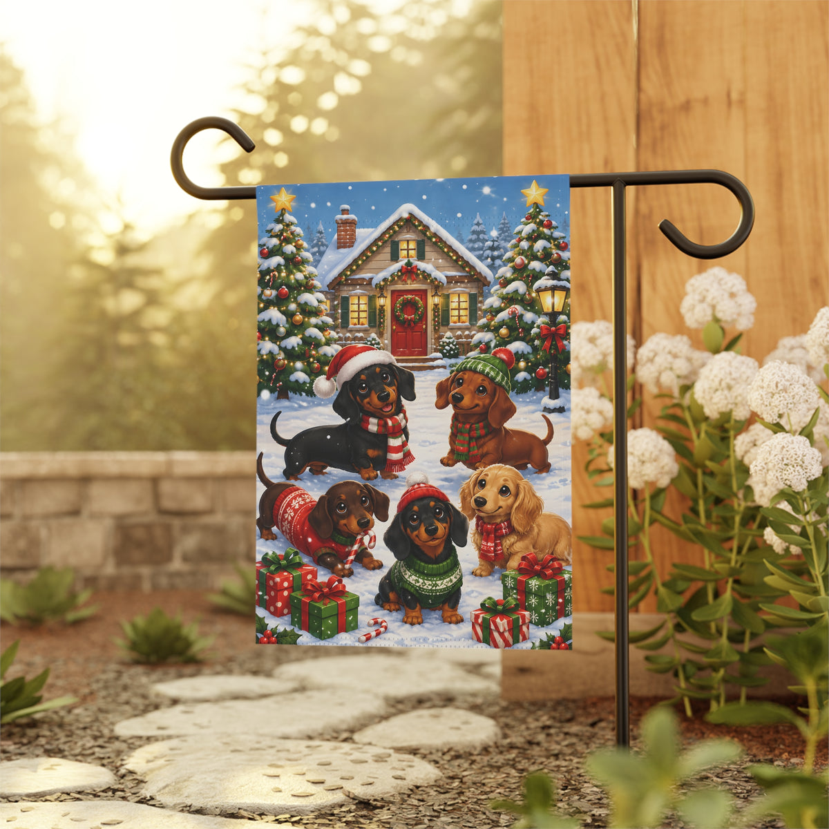 Dachshunds Outside For Christmas Garden Flag