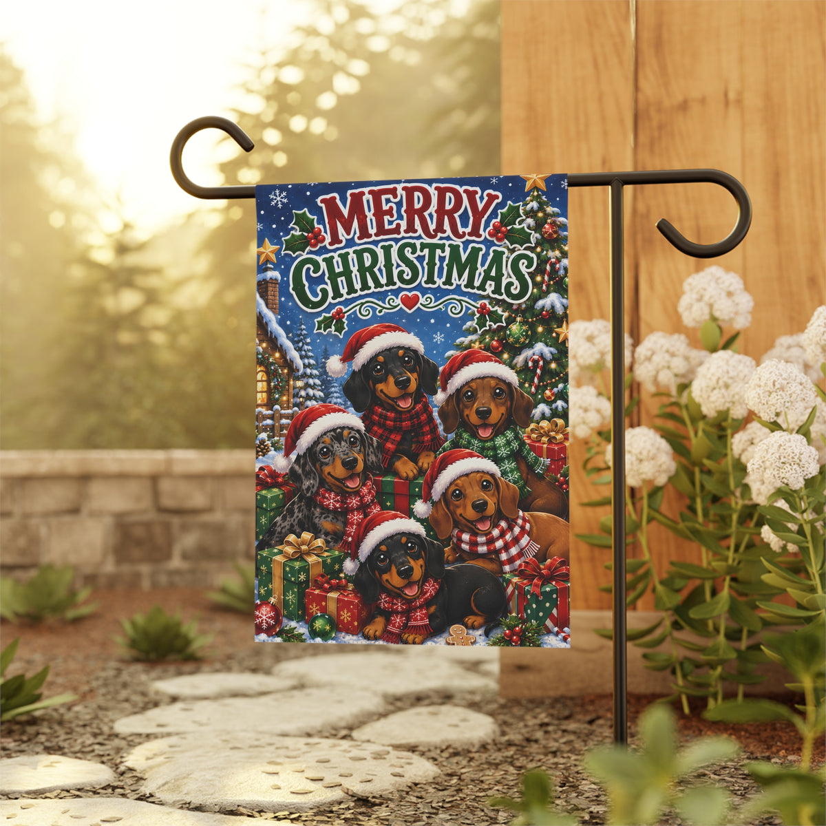 Merry Christmas Dachshunds Outside With Presents Garden Flag
