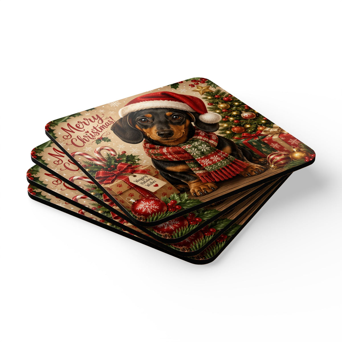 Merry Christmas Short Hair Dachshund Corkwood Coaster Set