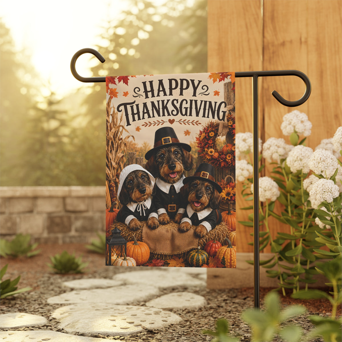 Happy Thanksgiving With Wire Hair Dachshunds & Pumpkins Garden Flag