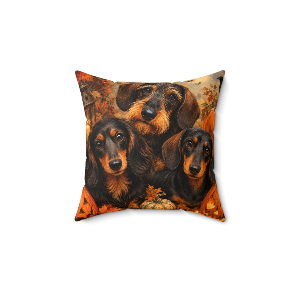 Spooky Dachshund Halloween Hangout Trio Spun Polyester Square Decorative Pillow
