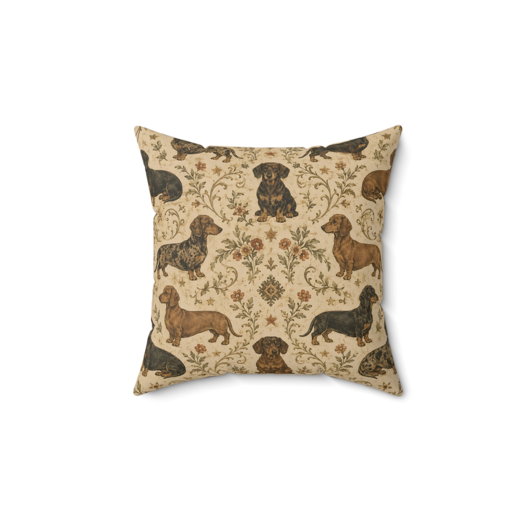Heritage Floral Dachshunds Spun Polyester Square Decorative Pillow