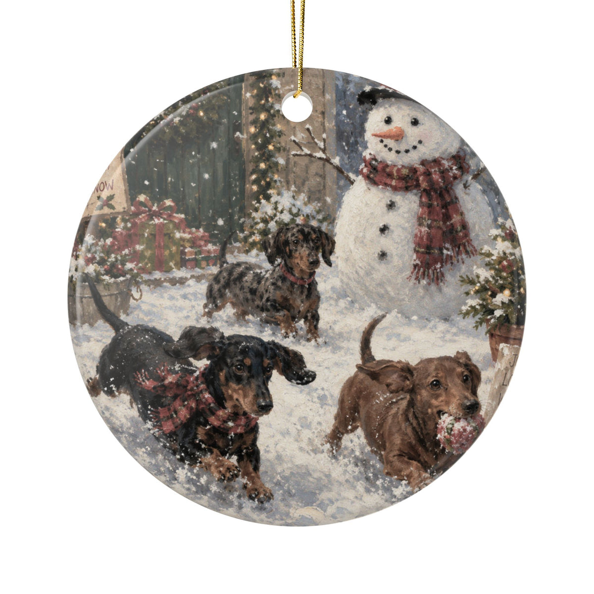 Dachshund Running With A Snowman 2 Sided Ceramic Ornament