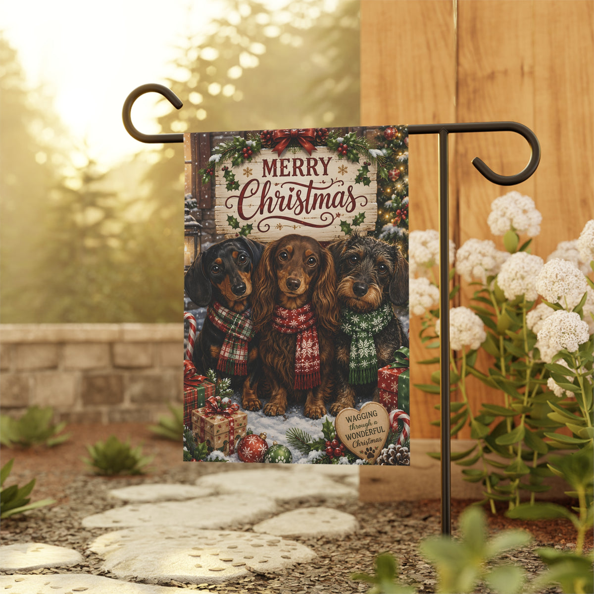 Merry Christmas Dachshund Trio Garden Flag