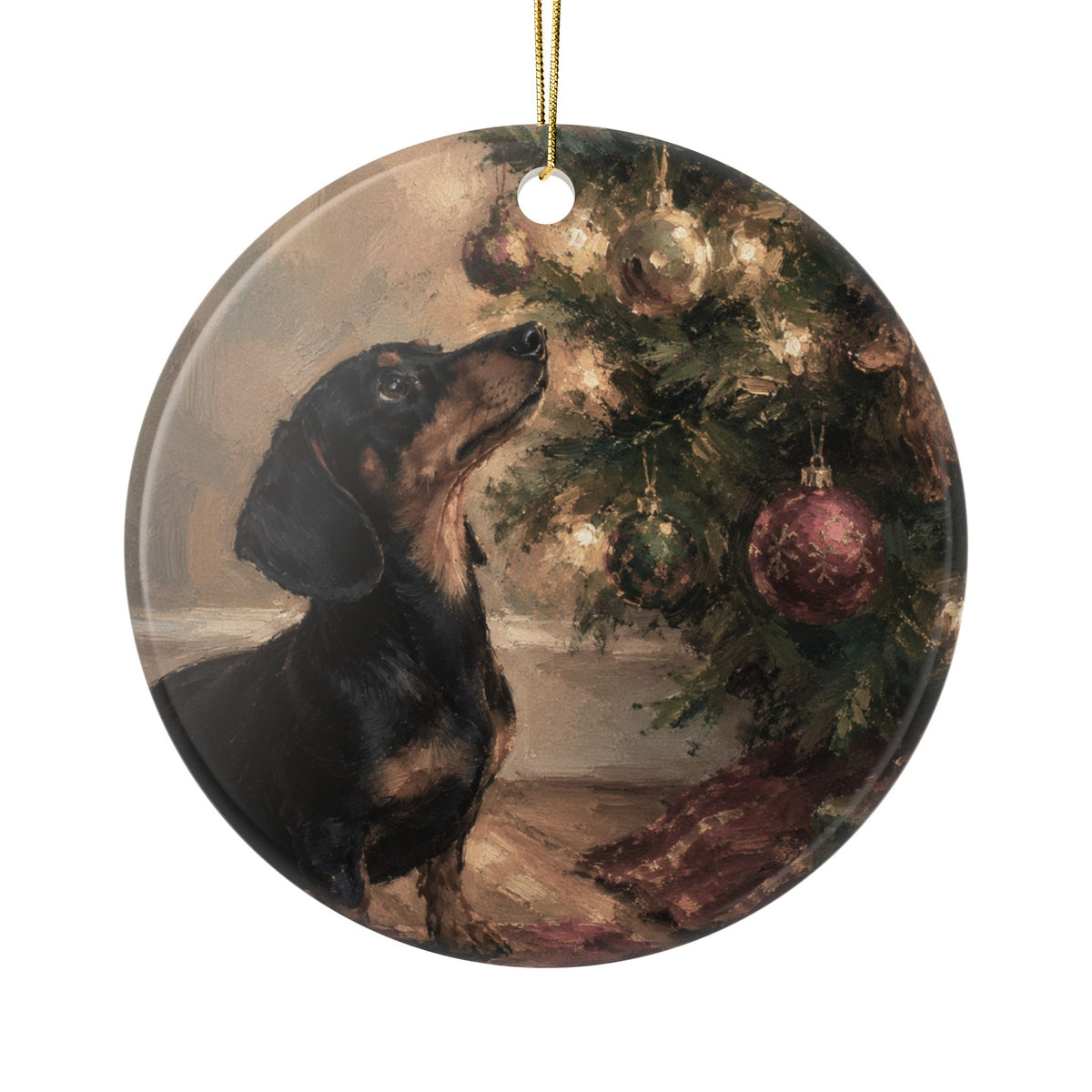 Dachshund Looking Up At Tree 2 Sided Ceramic Ornament