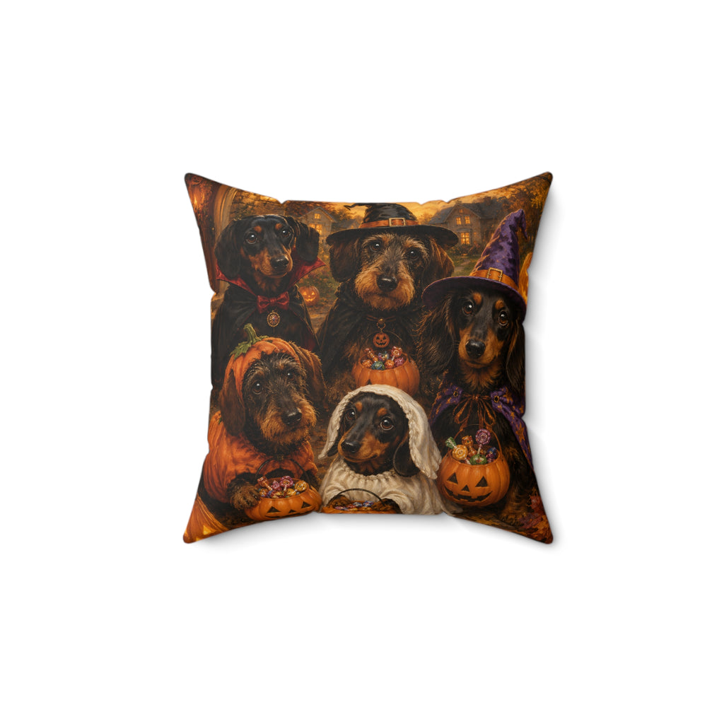 Trick Or Treating Dachshunds Spun Polyester Square Decorative Pillow
