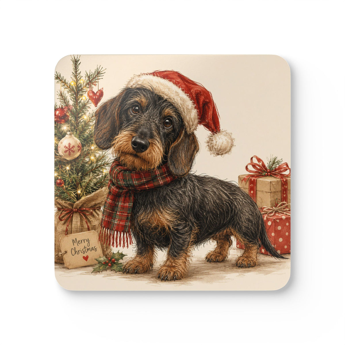 Wire Hair Dachshund With Presents Corkwood Coaster Set