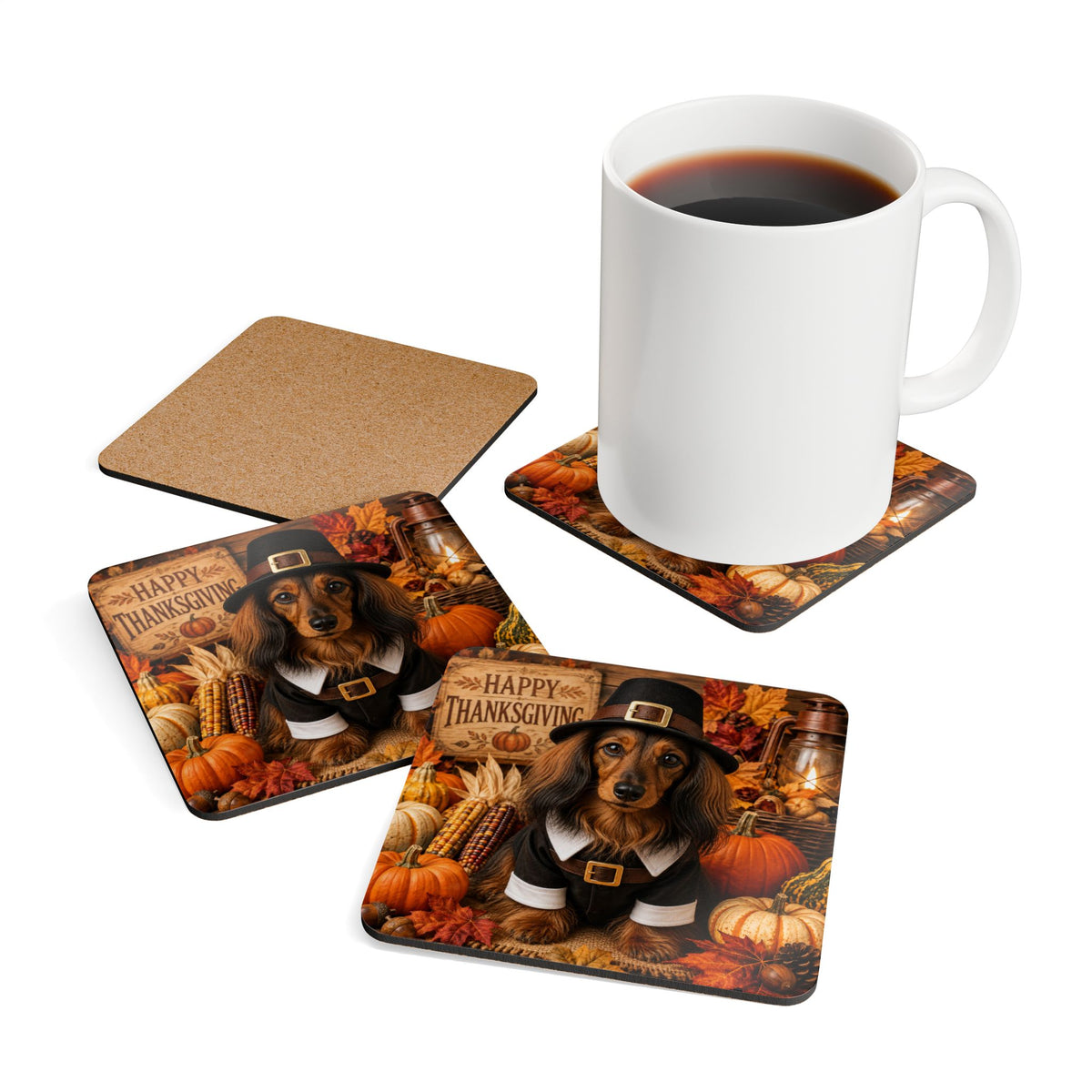 Long Hair Dachshund Pilgrim Corkwood Coaster Set