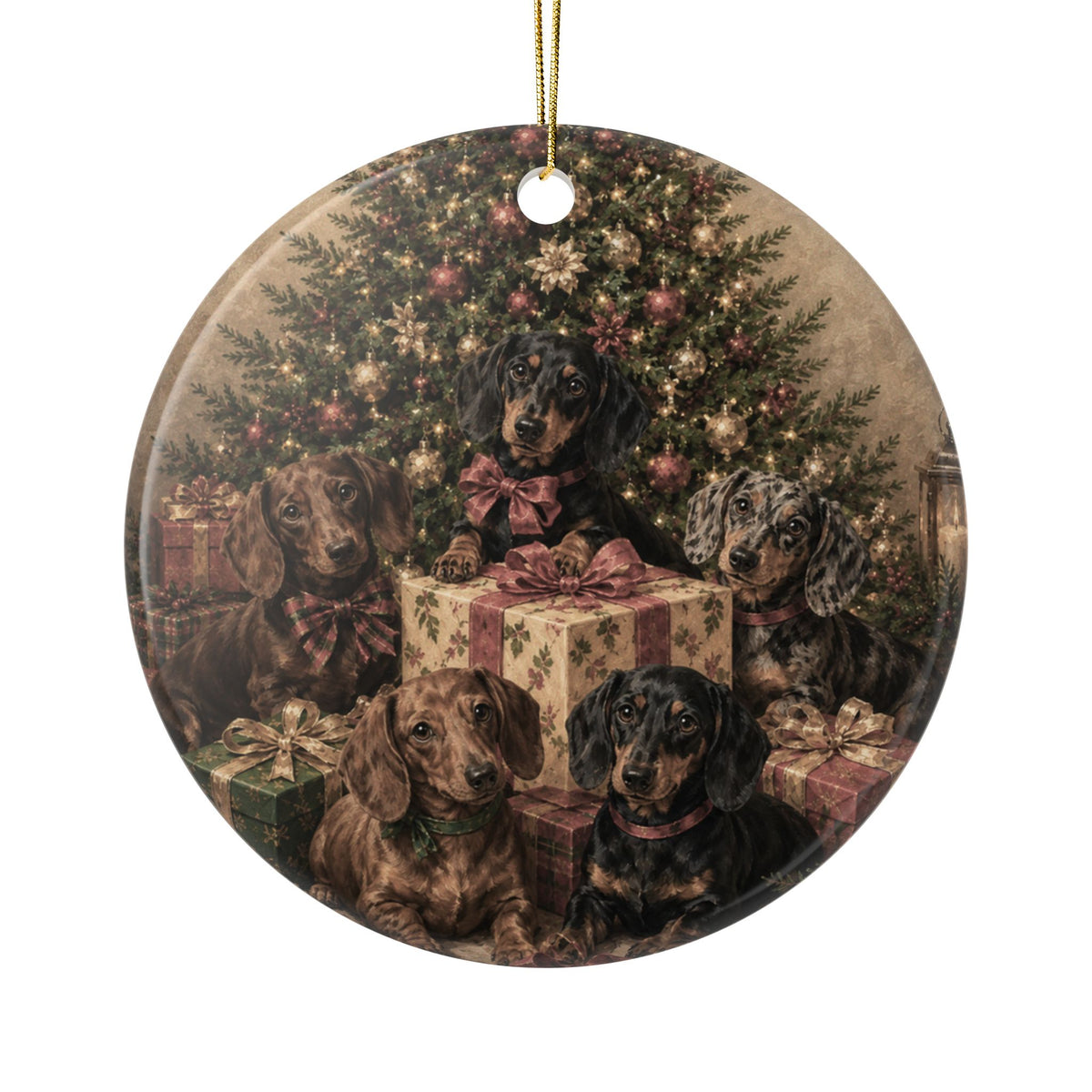 Presents & Dachshunds 2 Sided Ceramic Ornament