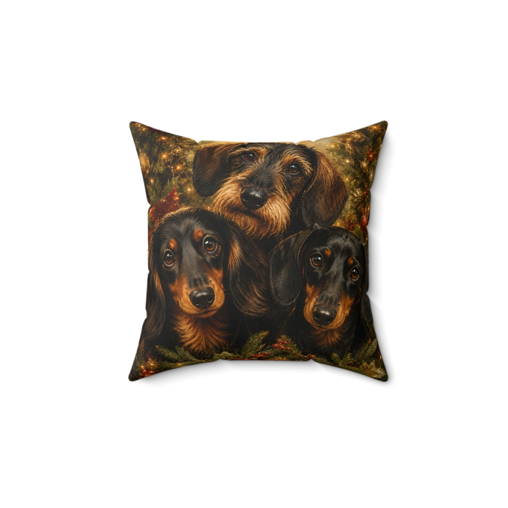 Festive Dachshund Trio With Christmas Trees Spun Polyester Square Decorative Pillow