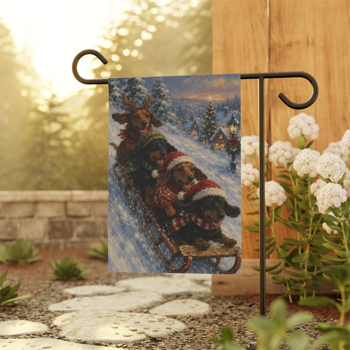 Dachshunds Sledding Through The Snow Garden Flag