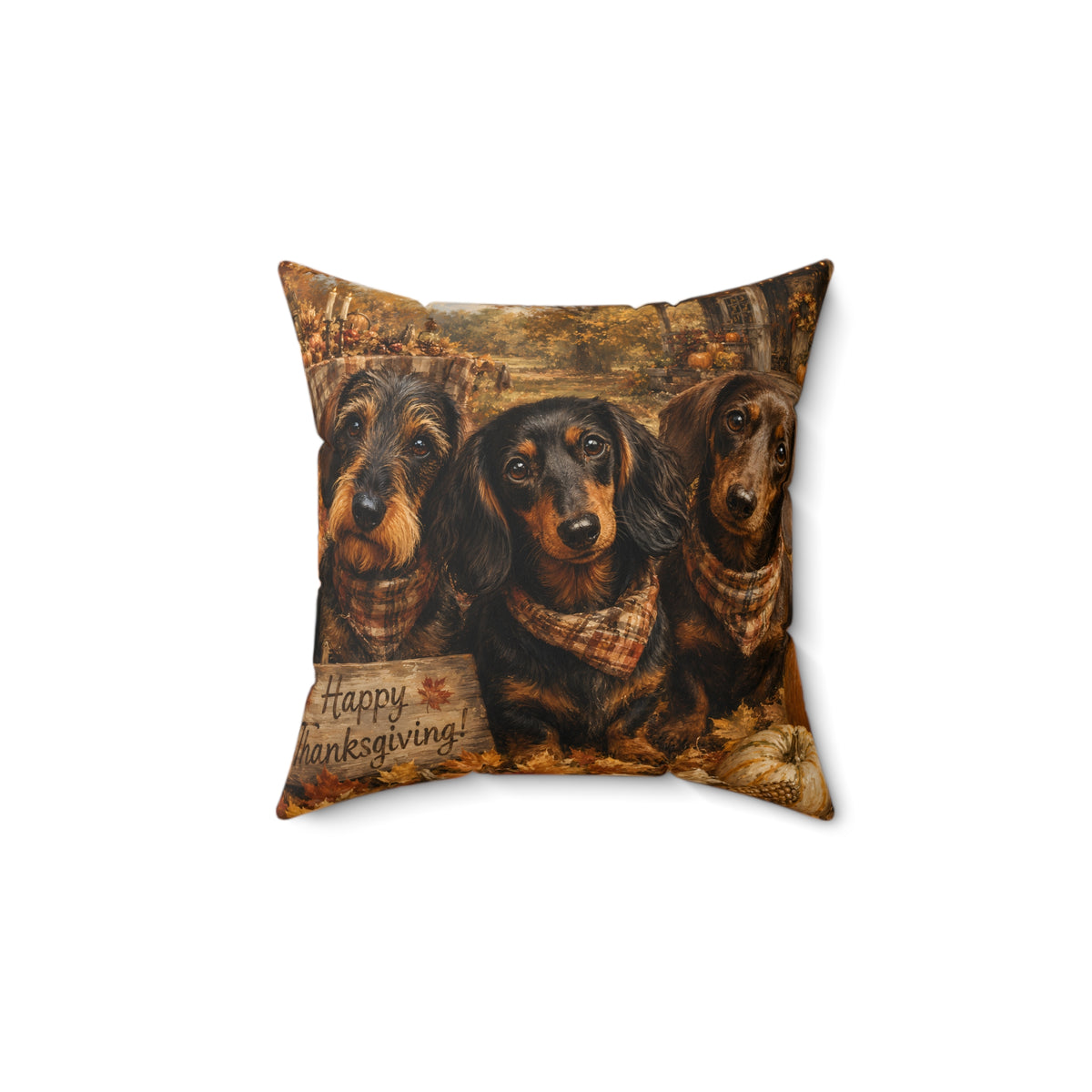 Happy Thanksgiving Dachshund Trio Spun Polyester Square Decorative Pillow
